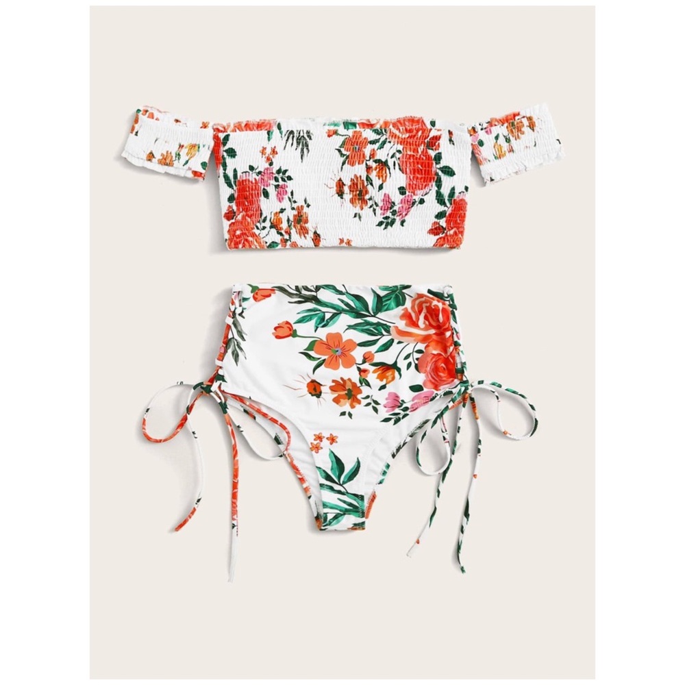 CLEARANCE Floral Smocked Off Shoulder High Waisted Bikini - Picture 4 of 6